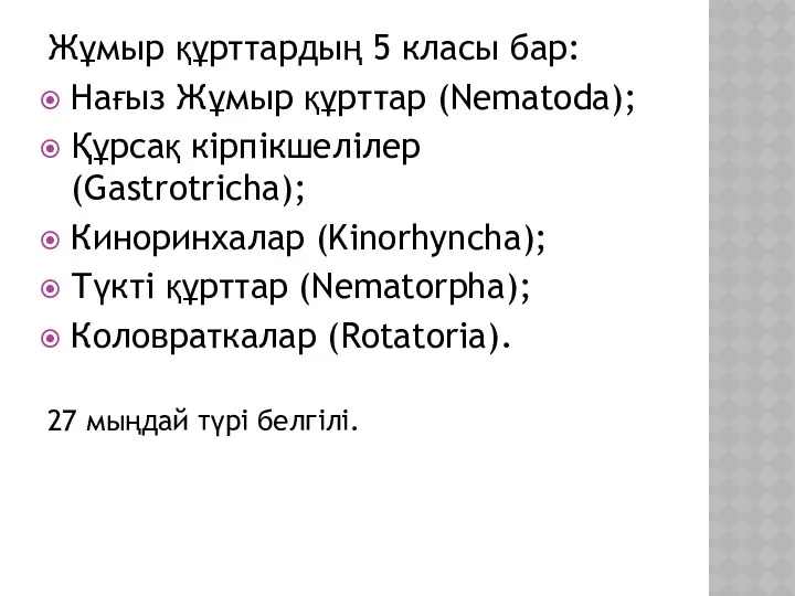 Жұмыр құрттардың 5 класы бар: Нағыз Жұмыр құрттар (Nematoda); Құрсақ