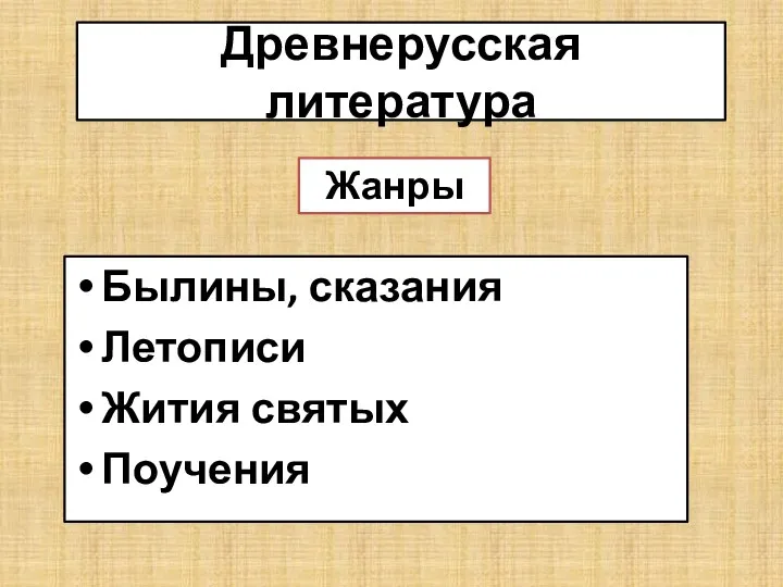 Древнерусская литература Былины, сказания Летописи Жития святых Поучения Жанры