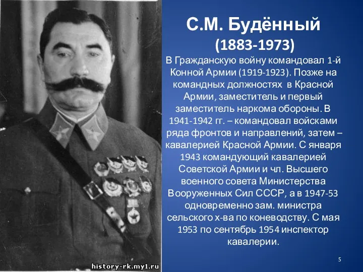 С.М. Будённый (1883-1973) В Гражданскую войну командовал 1-й Конной Армии