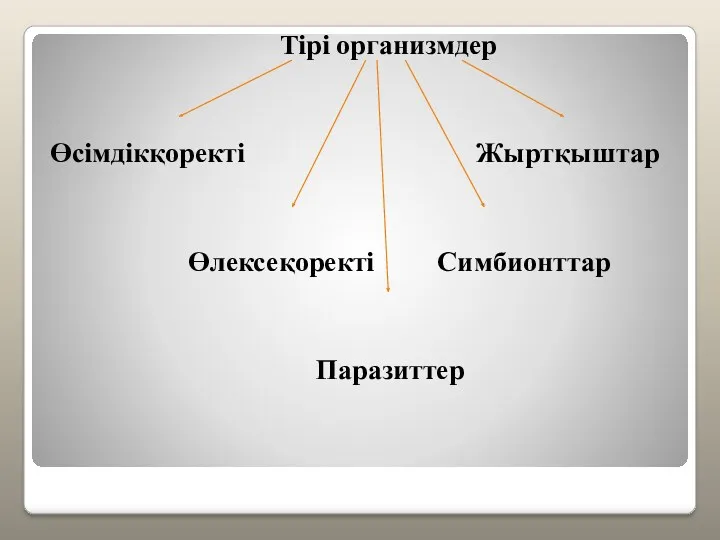 Тірі организмдер Өсімдікқоректі Жыртқыштар Өлексеқоректі Симбионттар Паразиттер