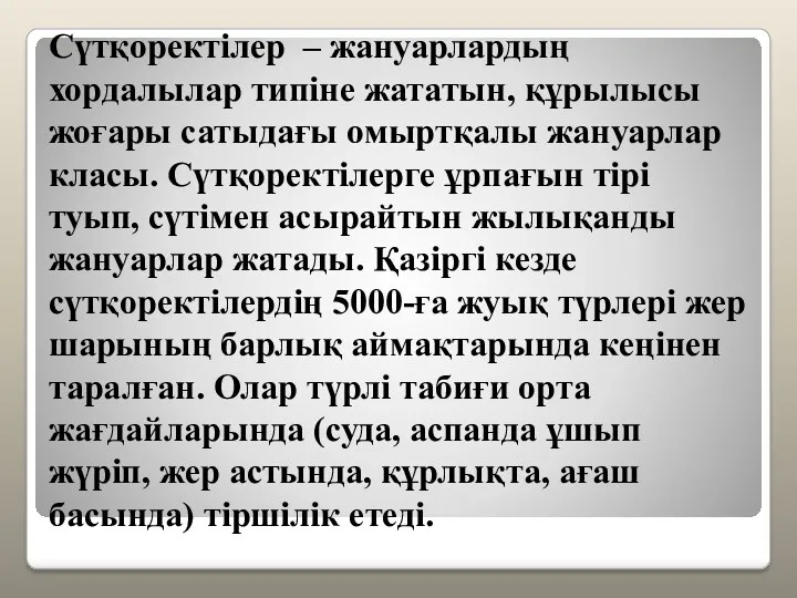 Сүтқоректілер – жануарлардың хордалылар типіне жататын, құрылысы жоғары сатыдағы омыртқалы