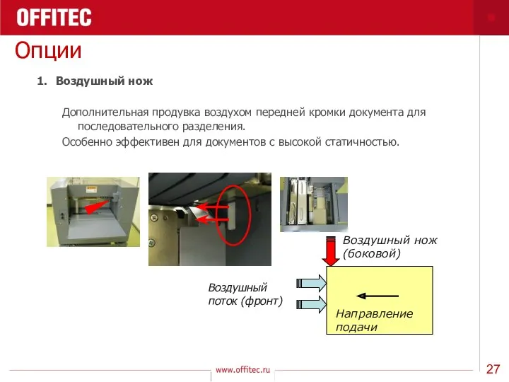 Опции 1. Воздушный нож Дополнительная продувка воздухом передней кромки документа