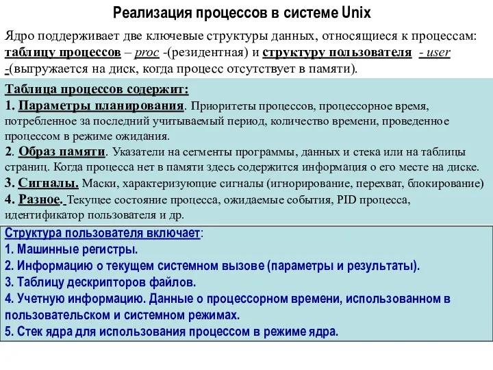 Реализация процессов в системе Unix Ядро поддерживает две ключевые структуры