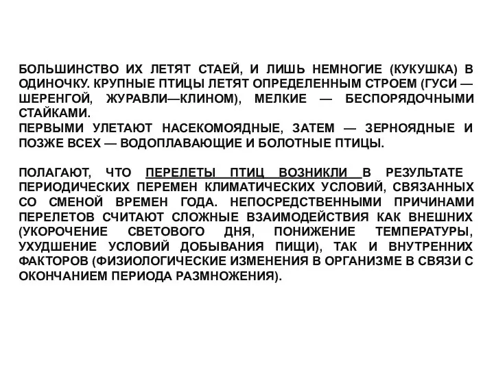 БОЛЬШИНСТВО ИХ ЛЕТЯТ СТАЕЙ, И ЛИШЬ НЕМНОГИЕ (КУКУШКА) В ОДИНОЧКУ.