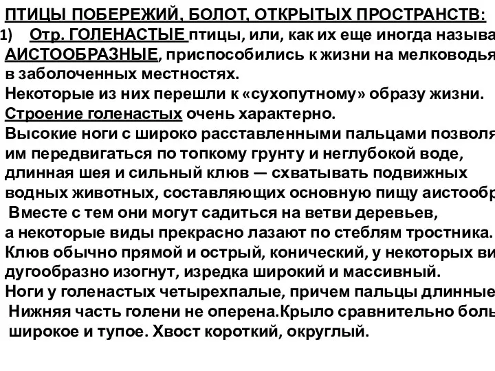 ПТИЦЫ ПОБЕРЕЖИЙ, БОЛОТ, ОТКРЫТЫХ ПРОСТРАНСТВ: Отр. ГОЛЕНАСТЫЕ птицы, или, как