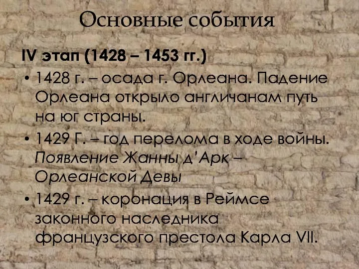 Основные события IV этап (1428 – 1453 гг.) 1428 г.