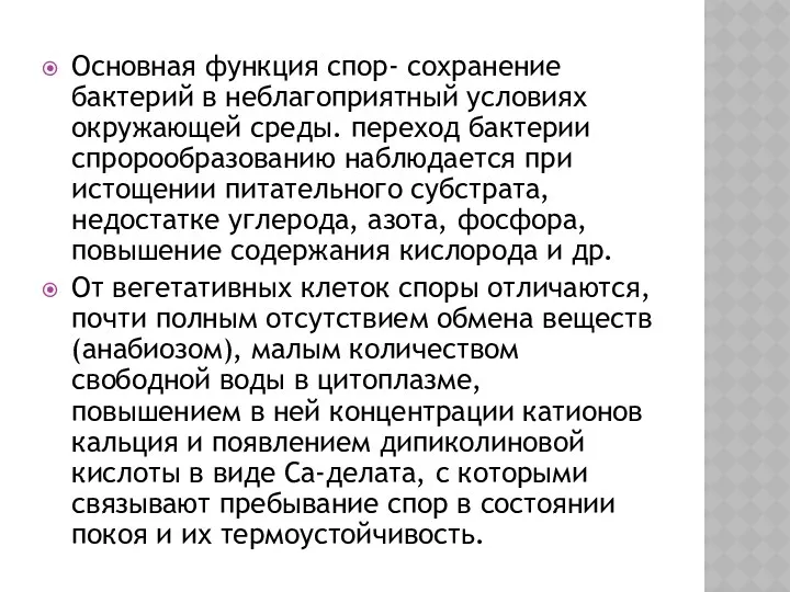 Основная функция спор- сохранение бактерий в неблагоприятный условиях окружающей среды.