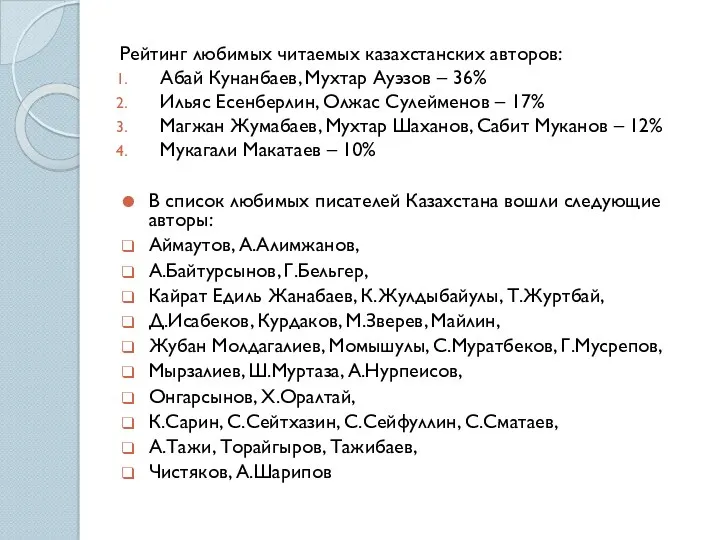 Рейтинг любимых читаемых казахстанских авторов: Абай Кунанбаев, Мухтар Ауэзов –