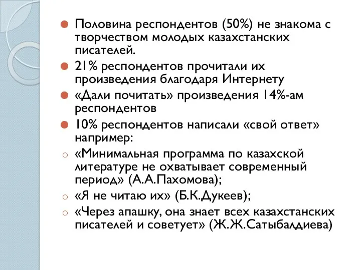 Половина респондентов (50%) не знакома с творчеством молодых казахстанских писателей.