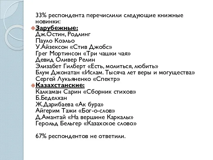 33% респондента перечислили следующие книжные новинки: Зарубежные: Дж.Остин, Родлинг Пауло