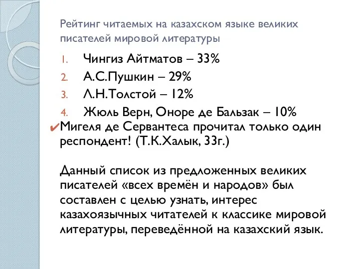 Рейтинг читаемых на казахском языке великих писателей мировой литературы Чингиз