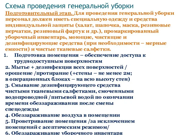 Схема проведения генеральной уборки Подготовительный этап. Для проведения генеральной уборки