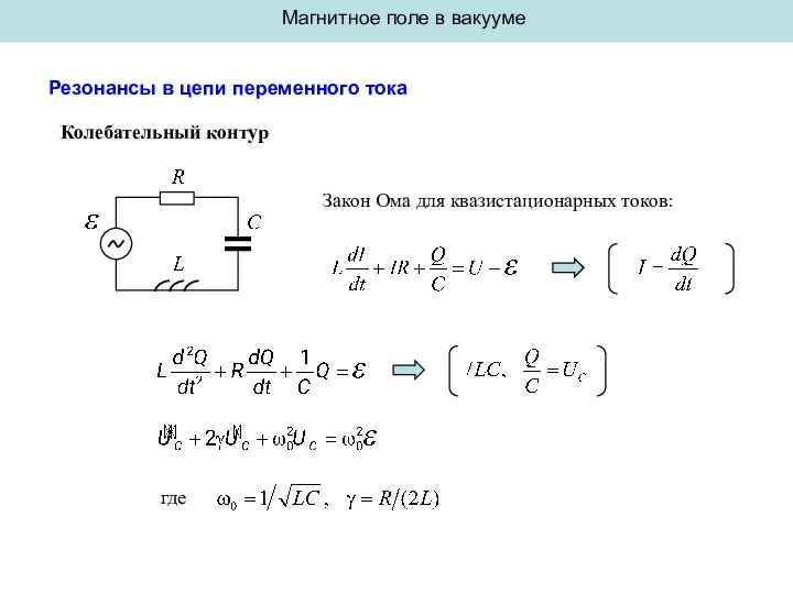 Магнитное поле в вакууме Резонансы в цепи переменного тока Колебательный