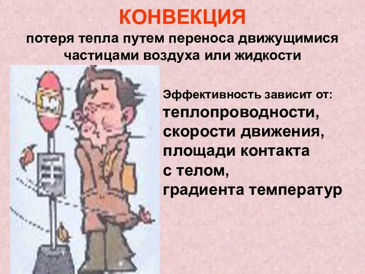 КОНВЕКЦИЯ потеря тепла путем переноса движущимися частицами воздуха или жидкости Эффективность зависит от: