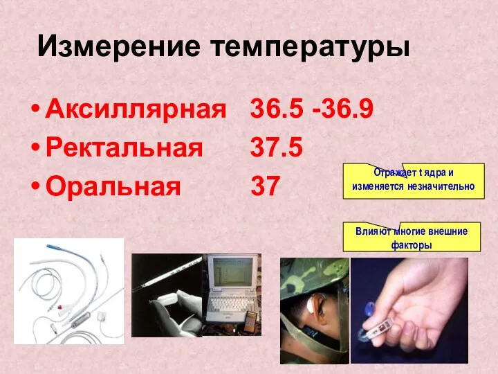 Измерение температуры Аксиллярная 36.5 -36.9 Ректальная 37.5 Оральная 37 Отражает