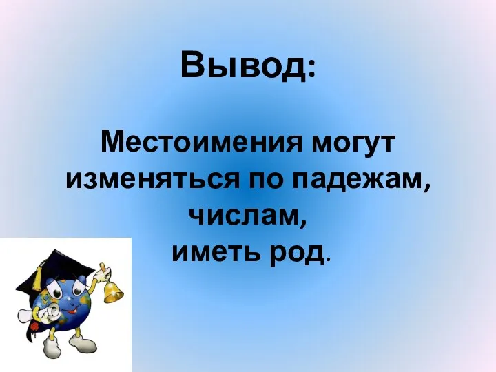 Вывод: Местоимения могут изменяться по падежам, числам, иметь род.