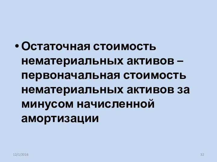 Остаточная стоимость нематериальных активов – первоначальная стоимость нематериальных активов за минусом начисленной амортизации 12/1/2016