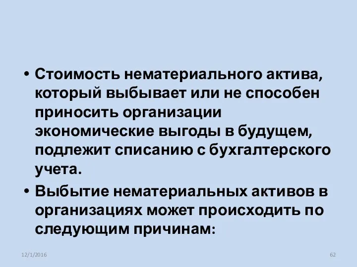 Стоимость нематериального актива, который выбывает или не способен приносить организации