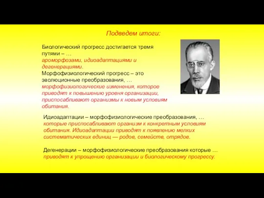 Подведем итоги: Биологический прогресс достигается тремя путями – … ароморфозами,