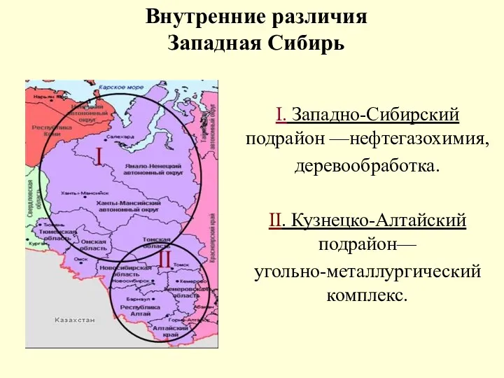 I. Западно-Сибирский подрайон —нефтегазохимия, деревообработка. II. Кузнецко-Алтайский подрайон— угольно-металлургический комплекс. Внутренние различия Западная Сибирь