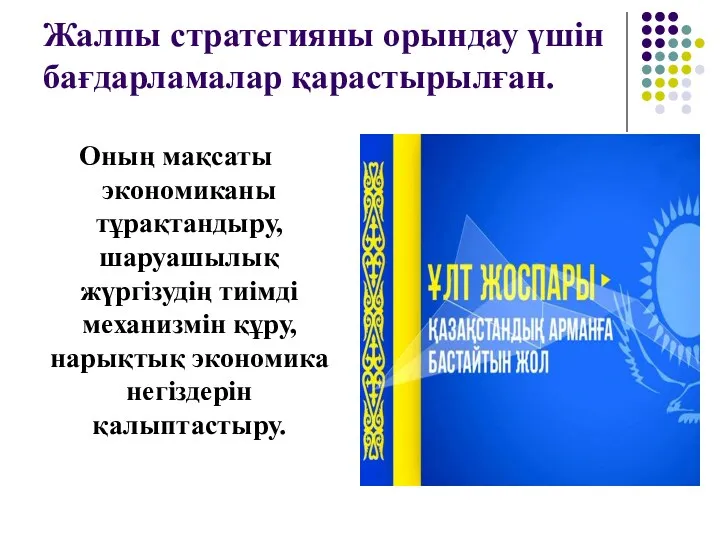 Жалпы стратегияны орындау үшін бағдарламалар қарастырылған. Оның мақсаты экономиканы тұрақтандыру,