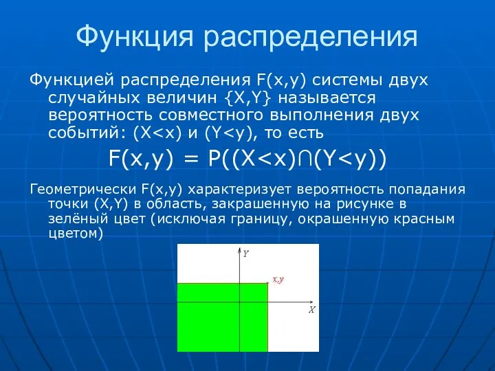 Функция распределения Функцией распределения F(x,y) системы двух случайных величин {X,Y}