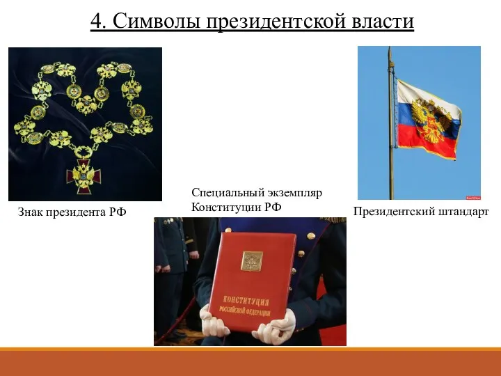 4. Символы президентской власти Президентский штандарт Знак президента РФ Специальный экземпляр Конституции РФ