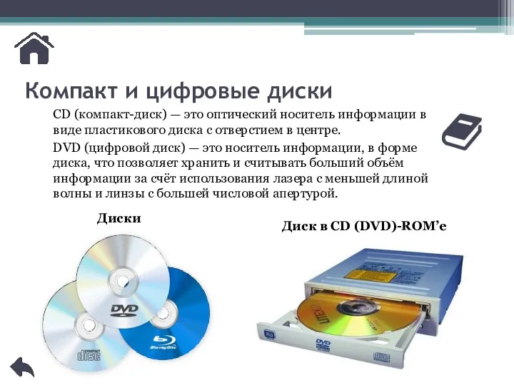 Компакт и цифровые диски CD (компакт-диск) — это оптический носитель