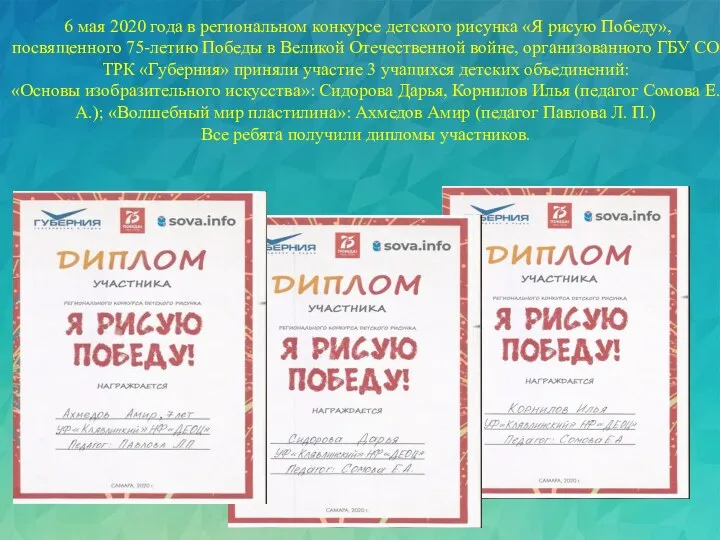 6 мая 2020 года в региональном конкурсе детского рисунка «Я рисую Победу», посвященного