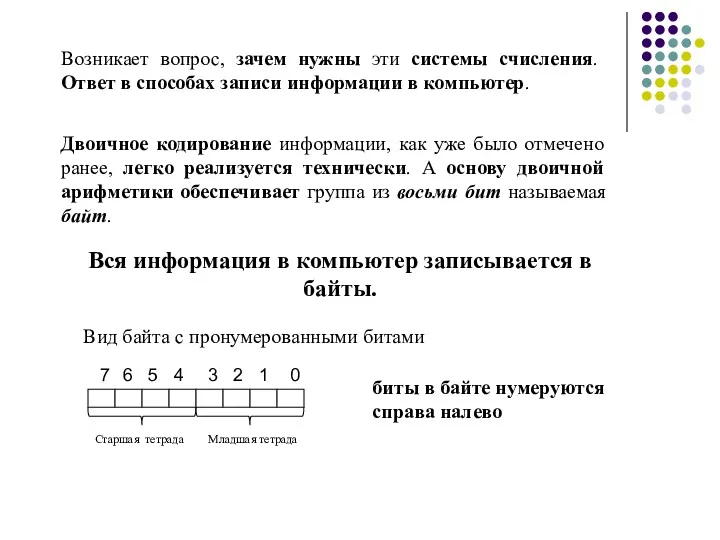 Возникает вопрос, зачем нужны эти системы счисления. Ответ в способах