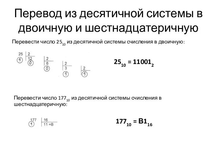 Перевод из десятичной системы в двоичную и шестнадцатеричную Перевести число