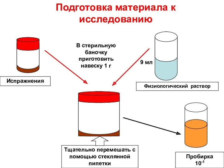 Физиологический раствор Испражнения В стерильную баночку приготовить навеску 1 г