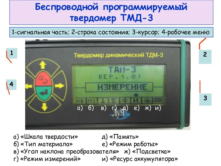 Беспроводной программируемый твердомер ТМД-3 а) «Шкала твердости» д) «Память» б)