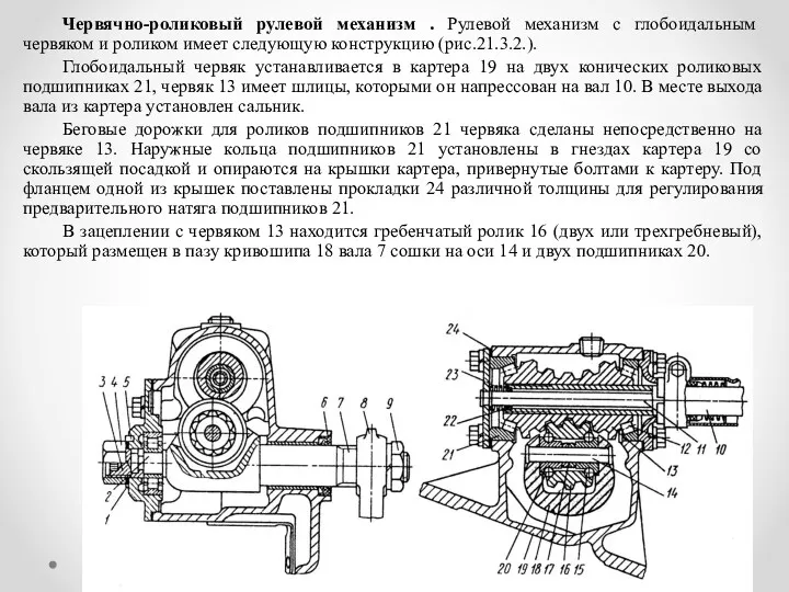 Червячно-роликовый рулевой механизм . Рулевой механизм с глобоидальным червяком и