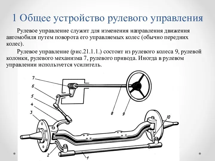 1 Общее устройство рулевого управления Рулевое управление служит для изменения