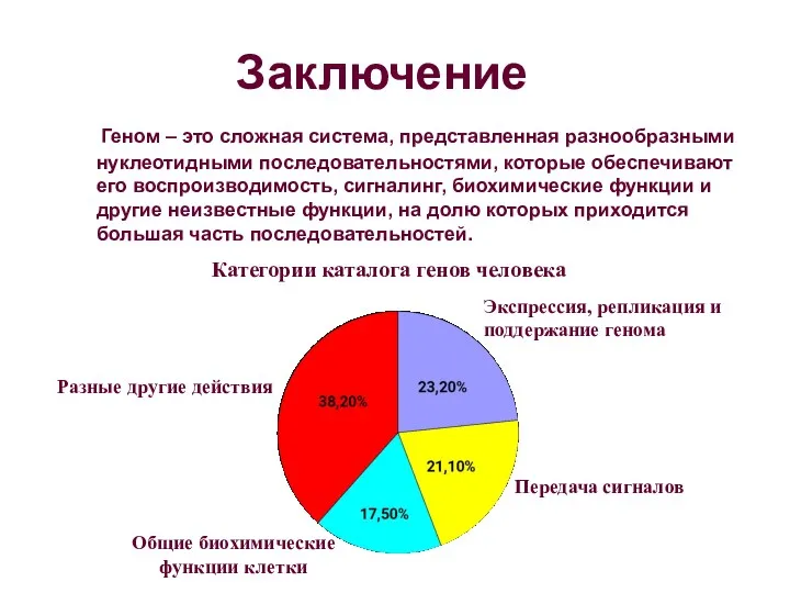 Заключение Геном – это сложная система, представленная разнообразными нуклеотидными последовательностями,