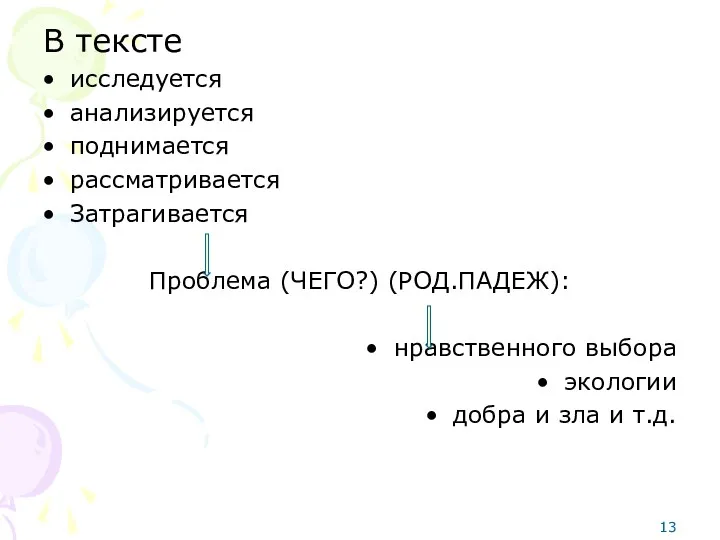 В тексте исследуется анализируется поднимается рассматривается Затрагивается Проблема (ЧЕГО?) (РОД.ПАДЕЖ):