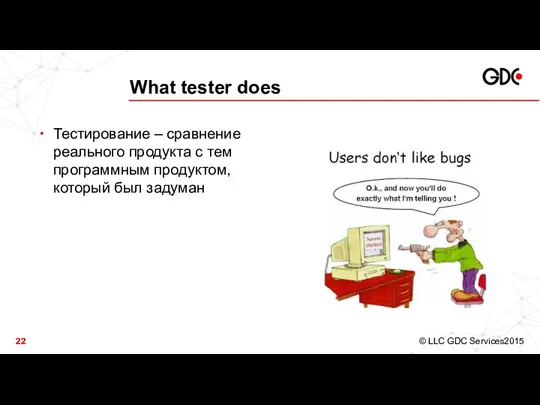 What tester does Тестирование – сравнение реального продукта с тем программным продуктом, который был задуман