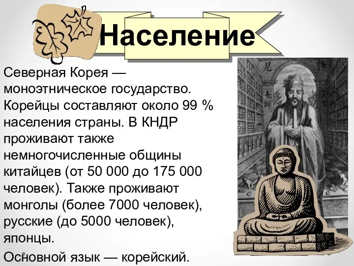 Население Северная Корея — моноэтническое государство. Корейцы составляют около 99