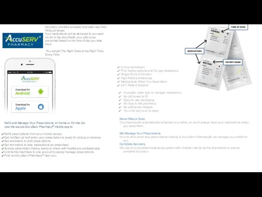 AccuServ provides an easier and safer way than filling pill boxes. Your medications