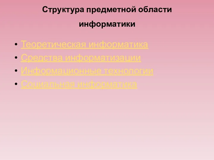 Теоретическая информатика Средства информатизации Информационные технологии Социальная информатика Структура предметной области информатики