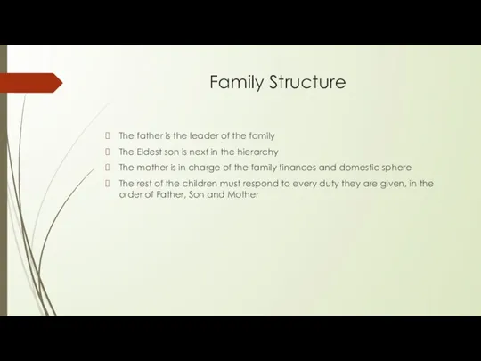 Family Structure The father is the leader of the family