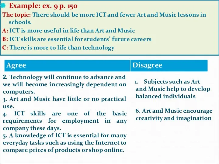 Example: ex. 9 p. 150 The topic: There should be