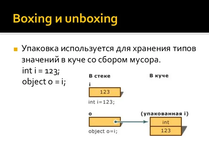 Boxing и unboxing Упаковка используется для хранения типов значений в
