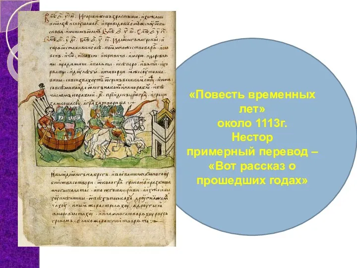 «Повесть временных лет» около 1113г. Нестор примерный перевод – «Вот рассказ о прошедших годах»
