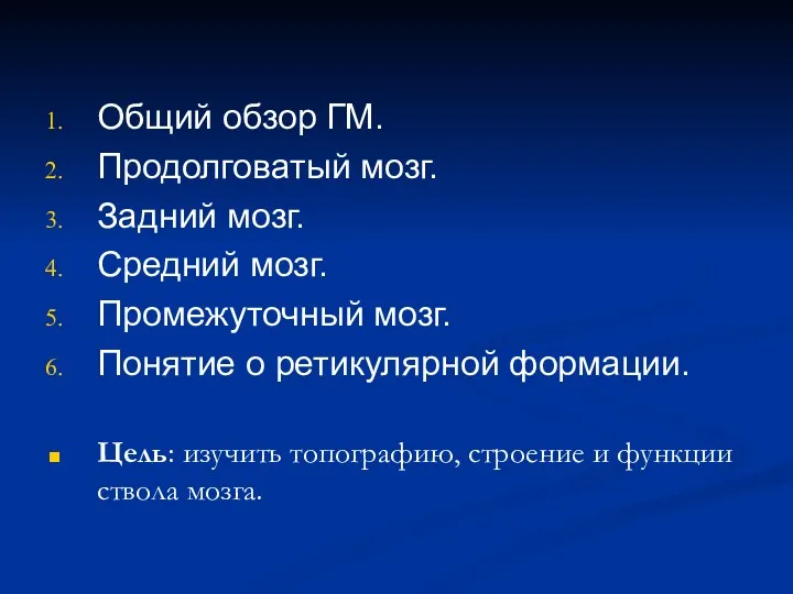 Общий обзор ГМ. Продолговатый мозг. Задний мозг. Средний мозг. Промежуточный