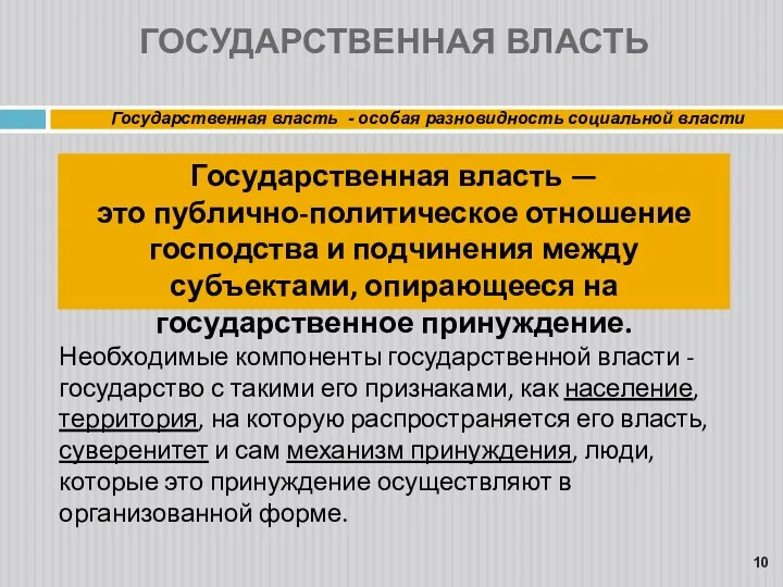 Государственная власть - особая разновидность социальной власти Необходимые компоненты государственной