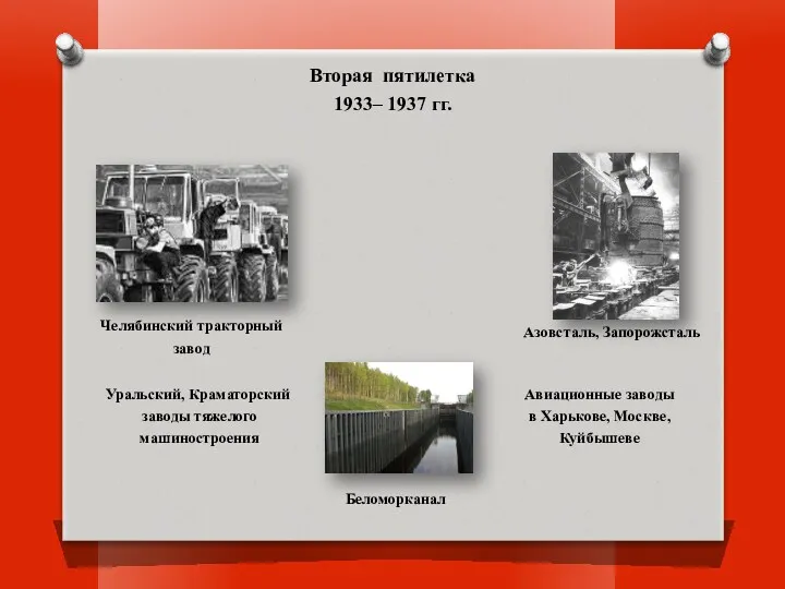 Вторая пятилетка 1933– 1937 гг. Челябинский тракторный завод Азовсталь, Запорожсталь