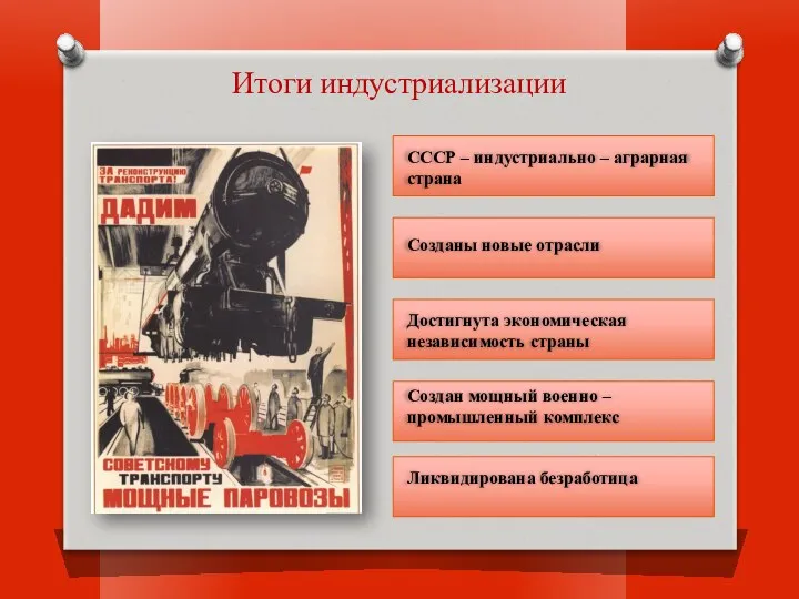 Итоги индустриализации СССР – индустриально – аграрная страна Созданы новые