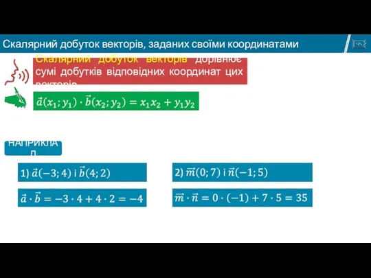 Скалярний добуток векторів дорівнює сумі добутків відповідних координат цих векторів НАПРИКЛАД